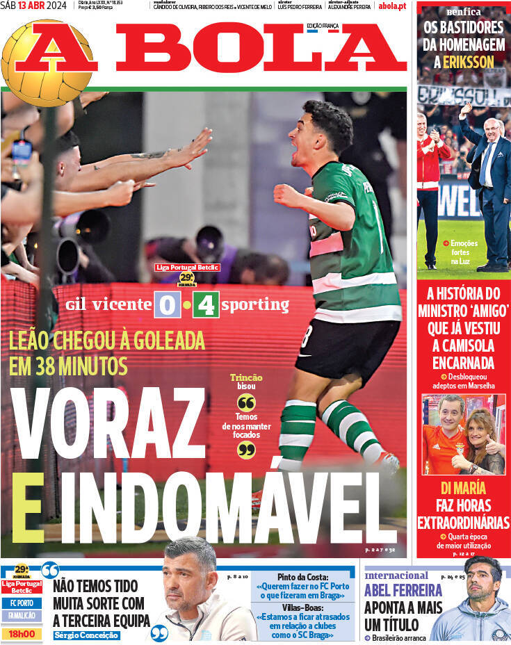 A Bola: Capa da Edi&ccedil;&atilde;o de s&aacute;bado, 13 de abril 2024