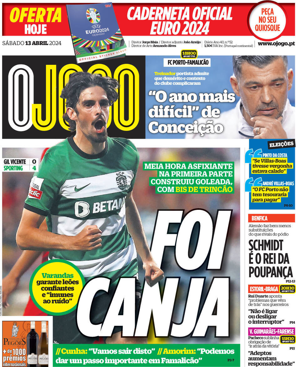 O Jogo: Capa da Edi&ccedil;&atilde;o de s&aacute;bado, 13 de abril 2024