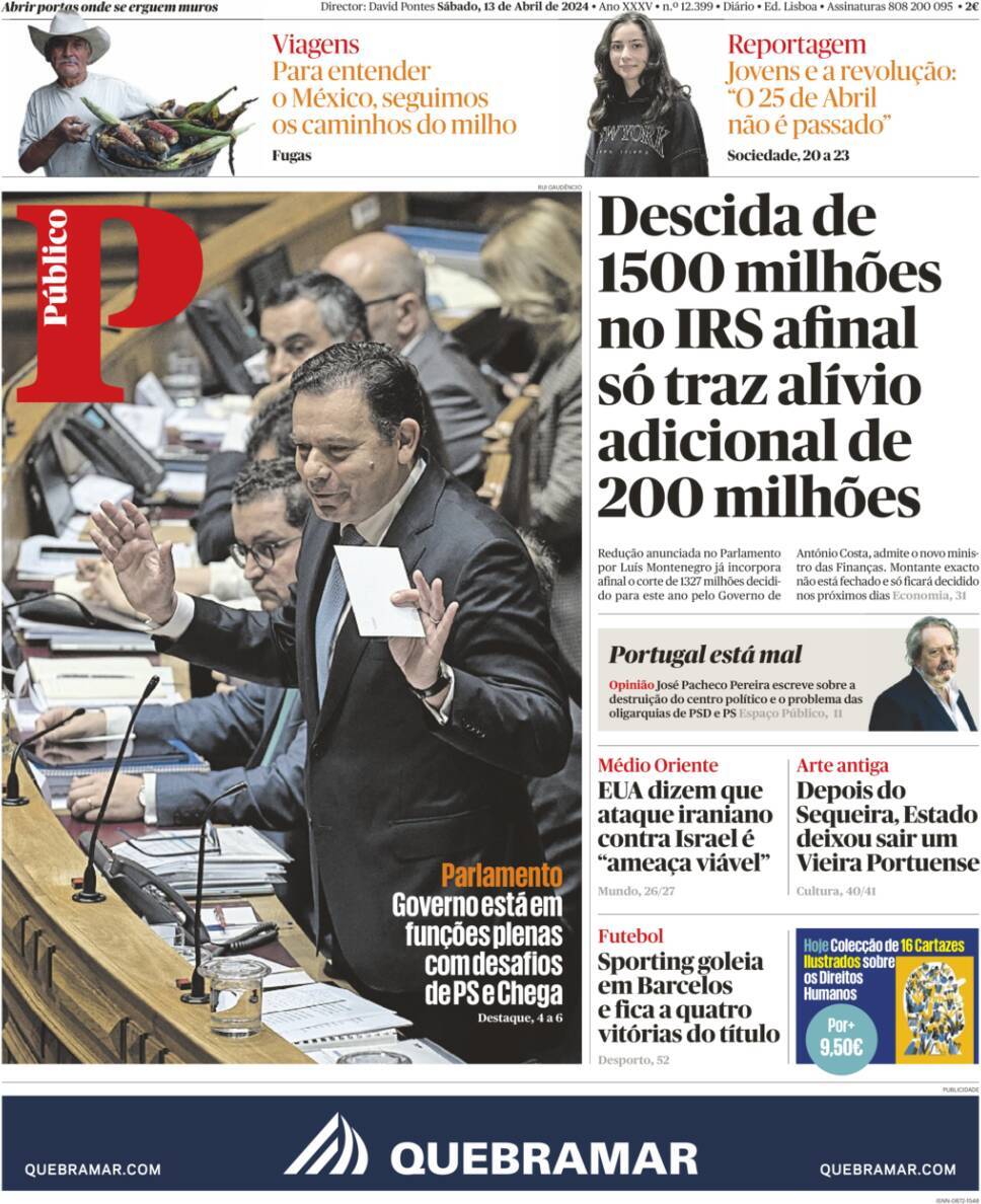 P&uacute;blico: Capa da Edi&ccedil;&atilde;o de s&aacute;bado, 13 de abril 2024