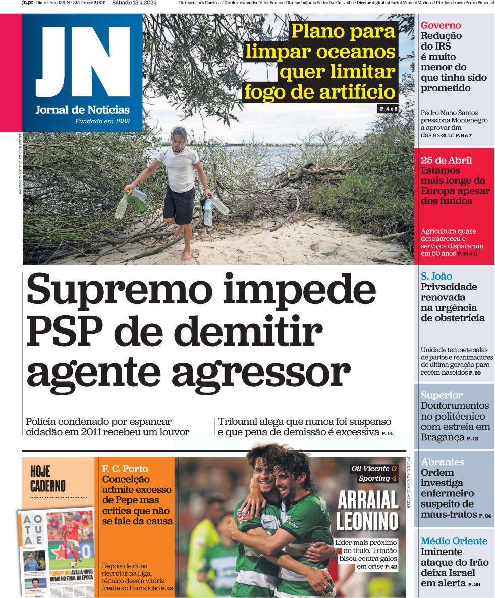 Jornal de Not&iacute;cias: Capa da Edi&ccedil;&atilde;o de s&aacute;bado, 13 de abril 2024