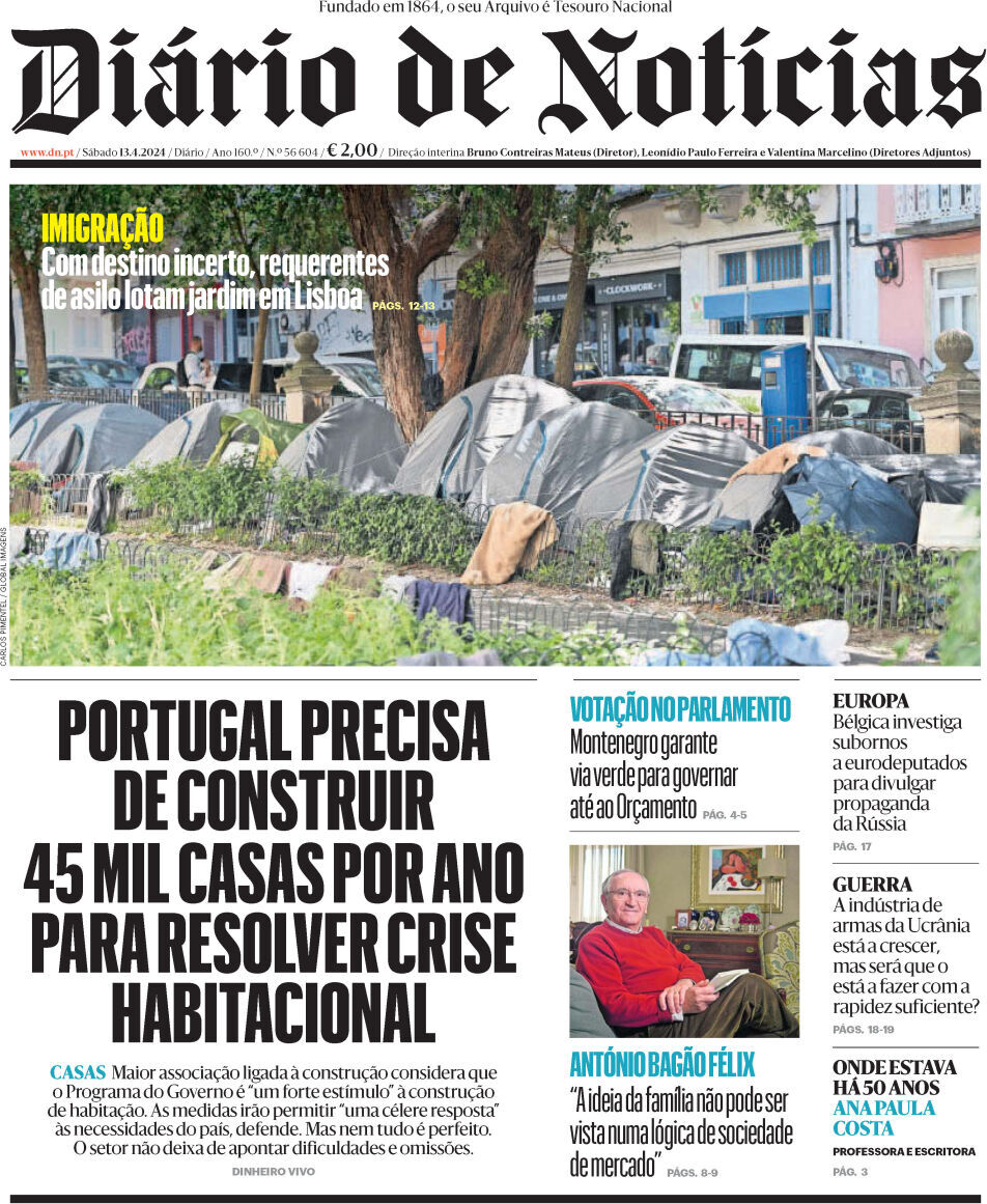 Di&aacute;rio de Not&iacute;cias: Capa da Edi&ccedil;&atilde;o de s&aacute;bado, 13 de abril 2024