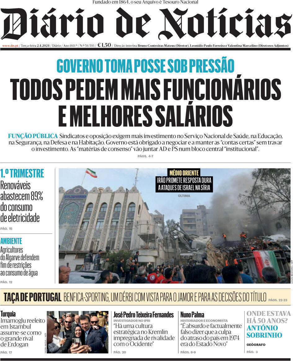 Di&aacute;rio de Not&iacute;cias: Capa da Edi&ccedil;&atilde;o de ter&ccedil;a-feira, 02 de abril 2024