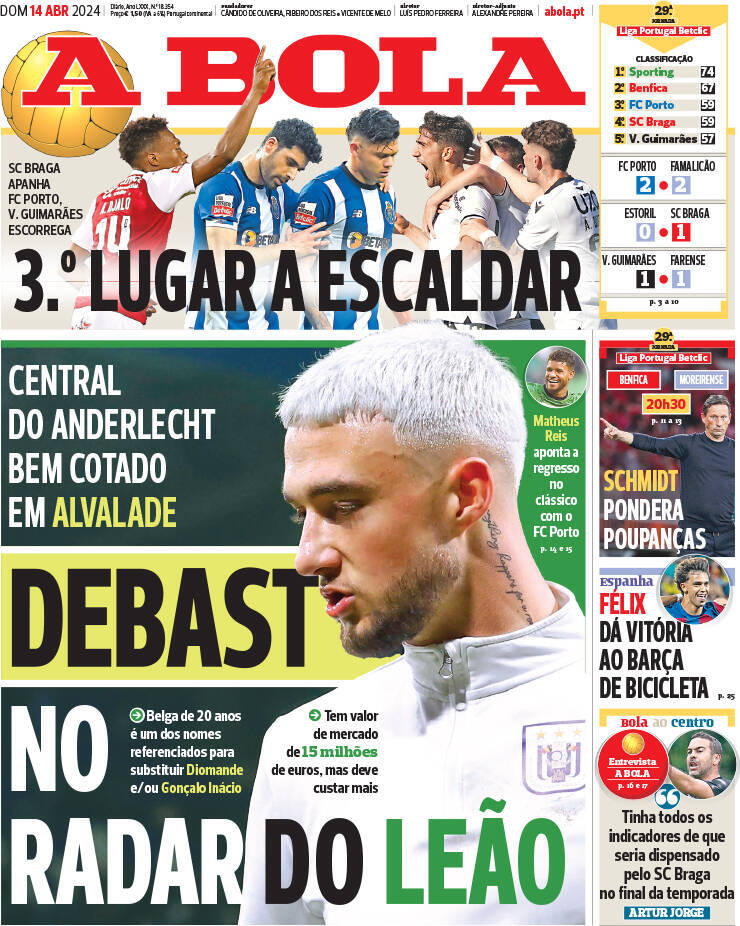 A Bola: Capa da Edi&ccedil;&atilde;o de domingo, 14 de abril 2024