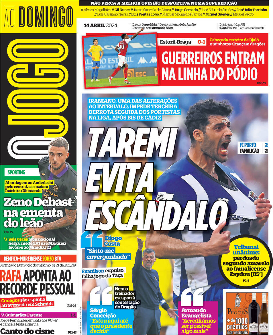 O Jogo: Capa da Edi&ccedil;&atilde;o de domingo, 14 de abril 2024