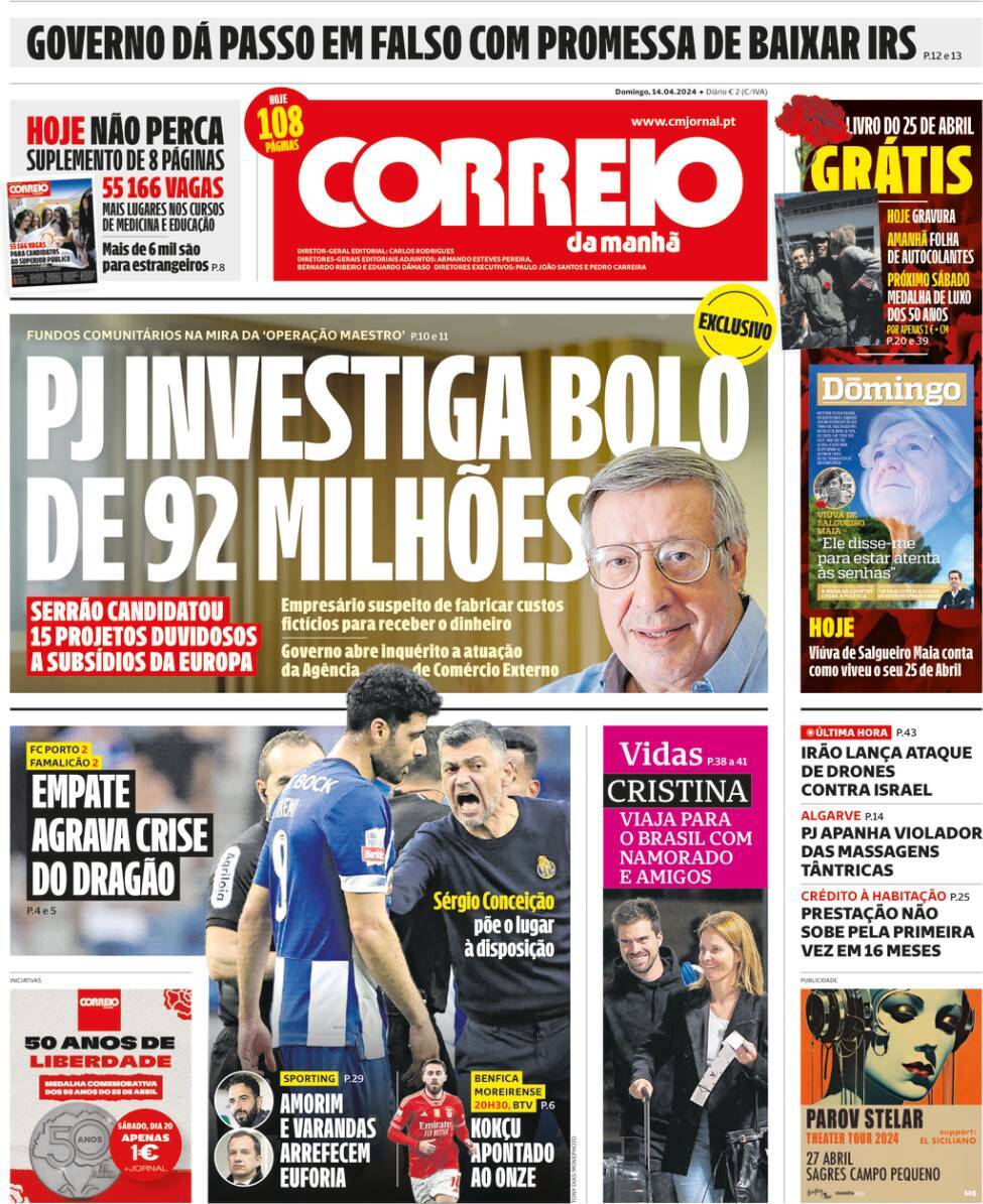 Correio da Manh&atilde;: Capa da Edi&ccedil;&atilde;o de domingo, 14 de abril 2024