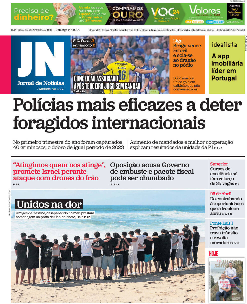Jornal de Not&iacute;cias: Capa da Edi&ccedil;&atilde;o de domingo, 14 de abril 2024