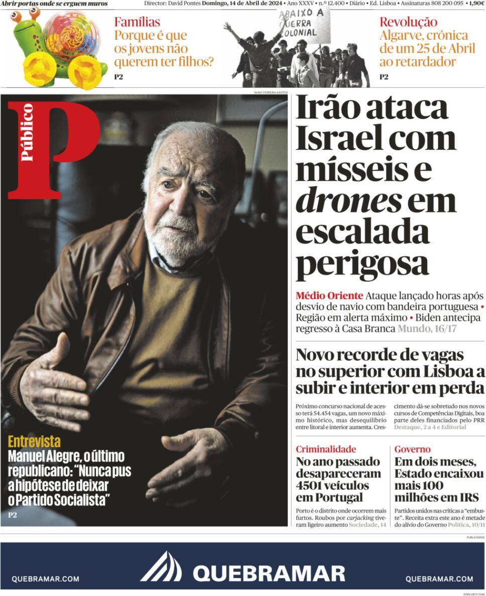 P&uacute;blico: Capa da Edi&ccedil;&atilde;o de domingo, 14 de abril 2024