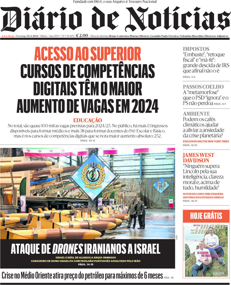 Di&aacute;rio de Not&iacute;cias: Capa da Edi&ccedil;&atilde;o de domingo, 14 de abril 2024