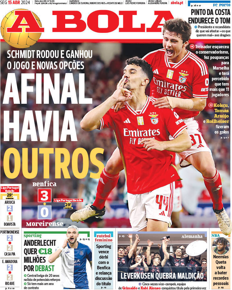 A Bola: Capa da Edi&ccedil;&atilde;o de segunda-feira, 15 de abril 2024