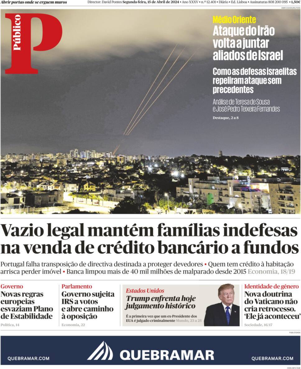 P&uacute;blico: Capa da Edi&ccedil;&atilde;o de segunda-feira, 15 de abril 2024