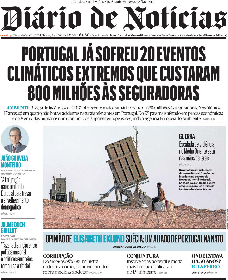 Di&aacute;rio de Not&iacute;cias: Capa da Edi&ccedil;&atilde;o de segunda-feira, 15 de abril 2024