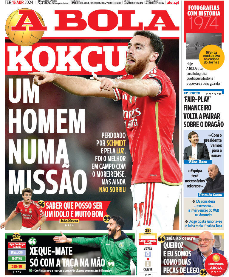 A Bola: Capa da Edi&ccedil;&atilde;o de ter&ccedil;a-feira, 16 de abril 2024