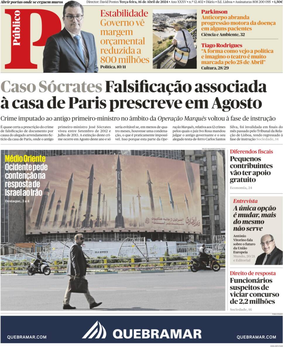 P&uacute;blico: Capa da Edi&ccedil;&atilde;o de ter&ccedil;a-feira, 16 de abril 2024