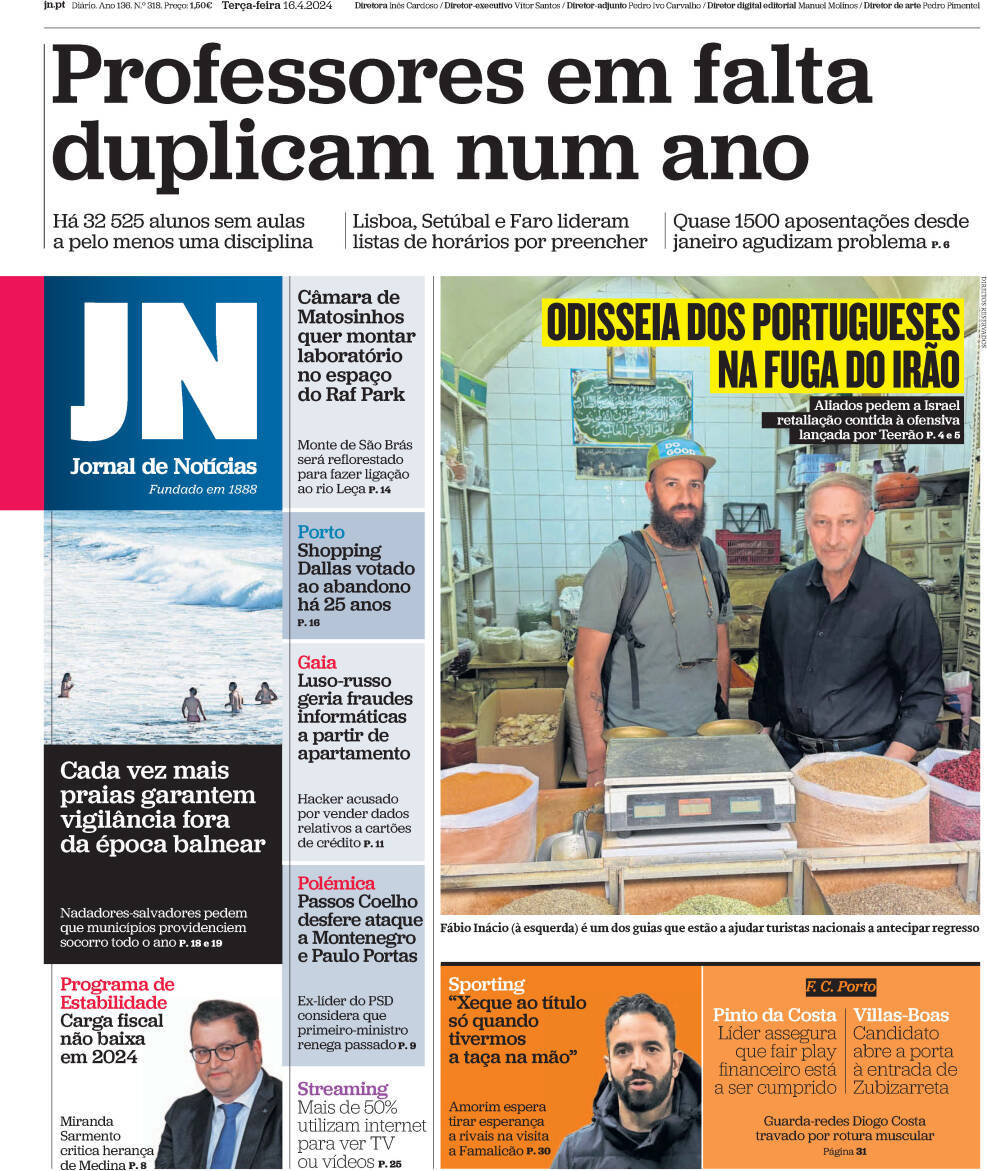 Jornal de Not&iacute;cias: Capa da Edi&ccedil;&atilde;o de ter&ccedil;a-feira, 16 de abril 2024