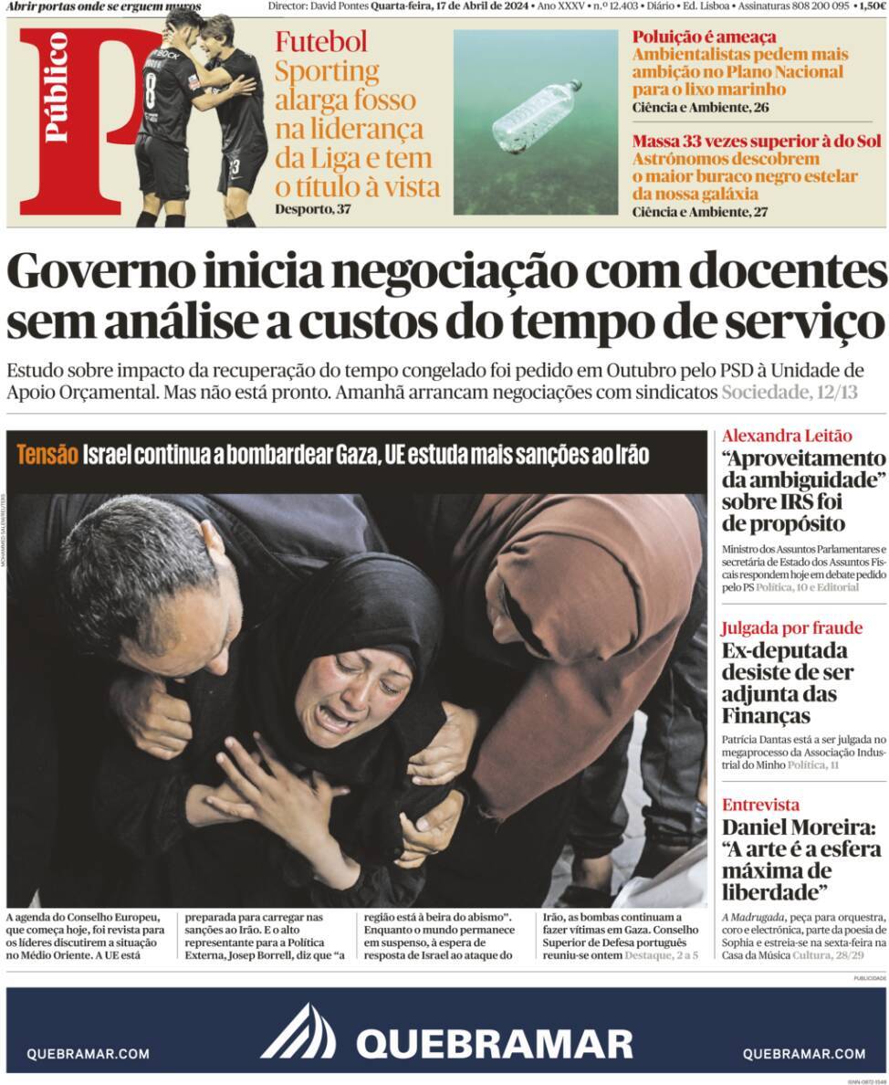 P&uacute;blico: Capa da Edi&ccedil;&atilde;o de quarta-feira, 17 de abril 2024
