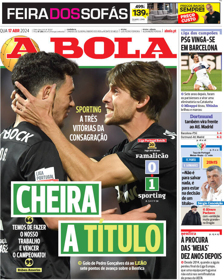 A Bola: Capa da Edi&ccedil;&atilde;o de quarta-feira, 17 de abril 2024