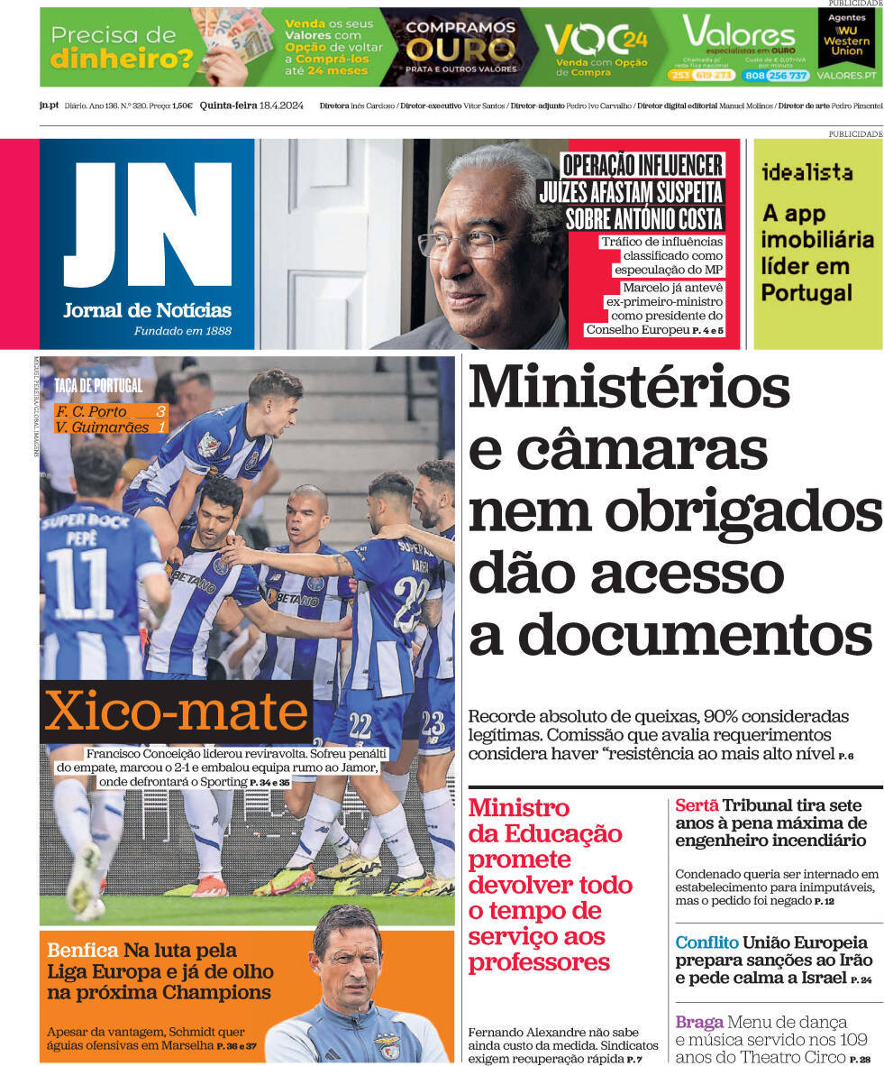 Jornal de Not&iacute;cias: Capa da Edi&ccedil;&atilde;o de quinta-feira, 18 de abril 2024
