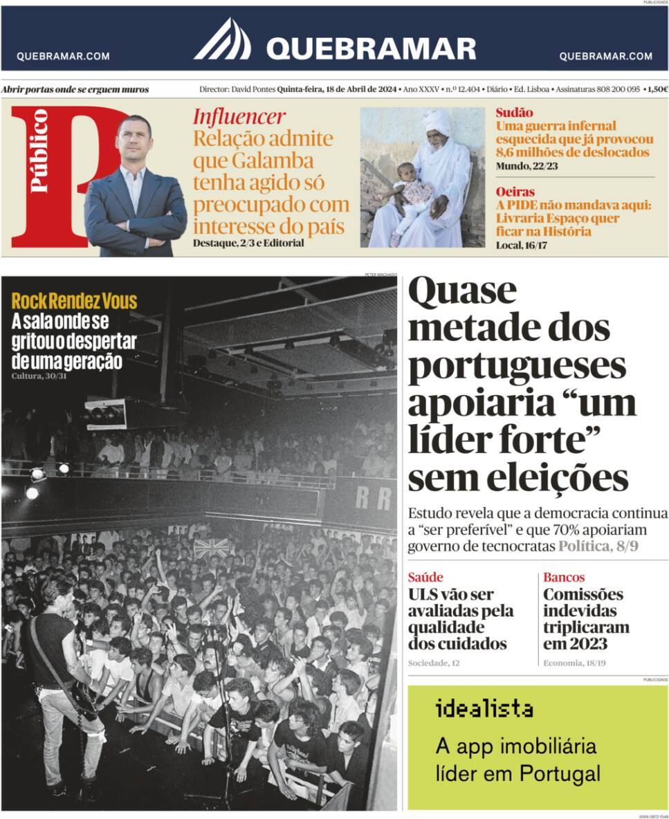 P&uacute;blico: Capa da Edi&ccedil;&atilde;o de quinta-feira, 18 de abril 2024