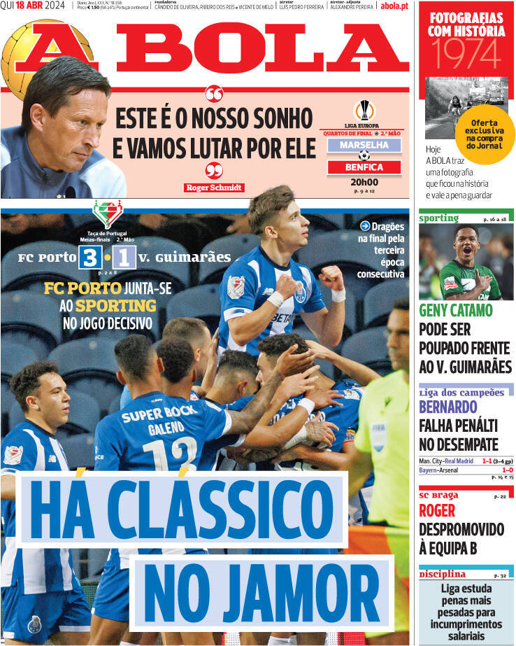 A Bola: Capa da Edi&ccedil;&atilde;o de quinta-feira, 18 de abril 2024