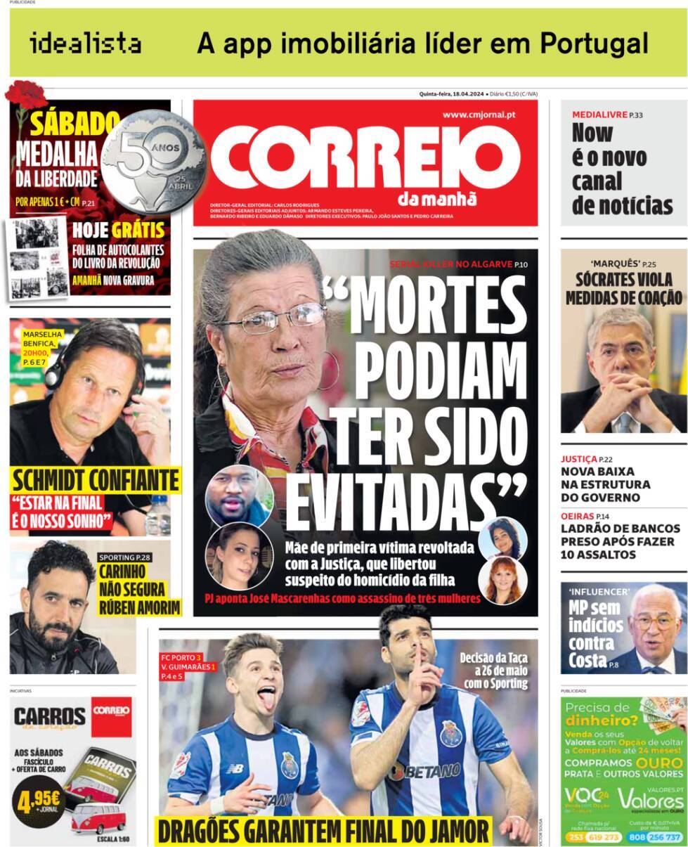 Correio da Manh&atilde;: Capa da Edi&ccedil;&atilde;o de quinta-feira, 18 de abril 2024