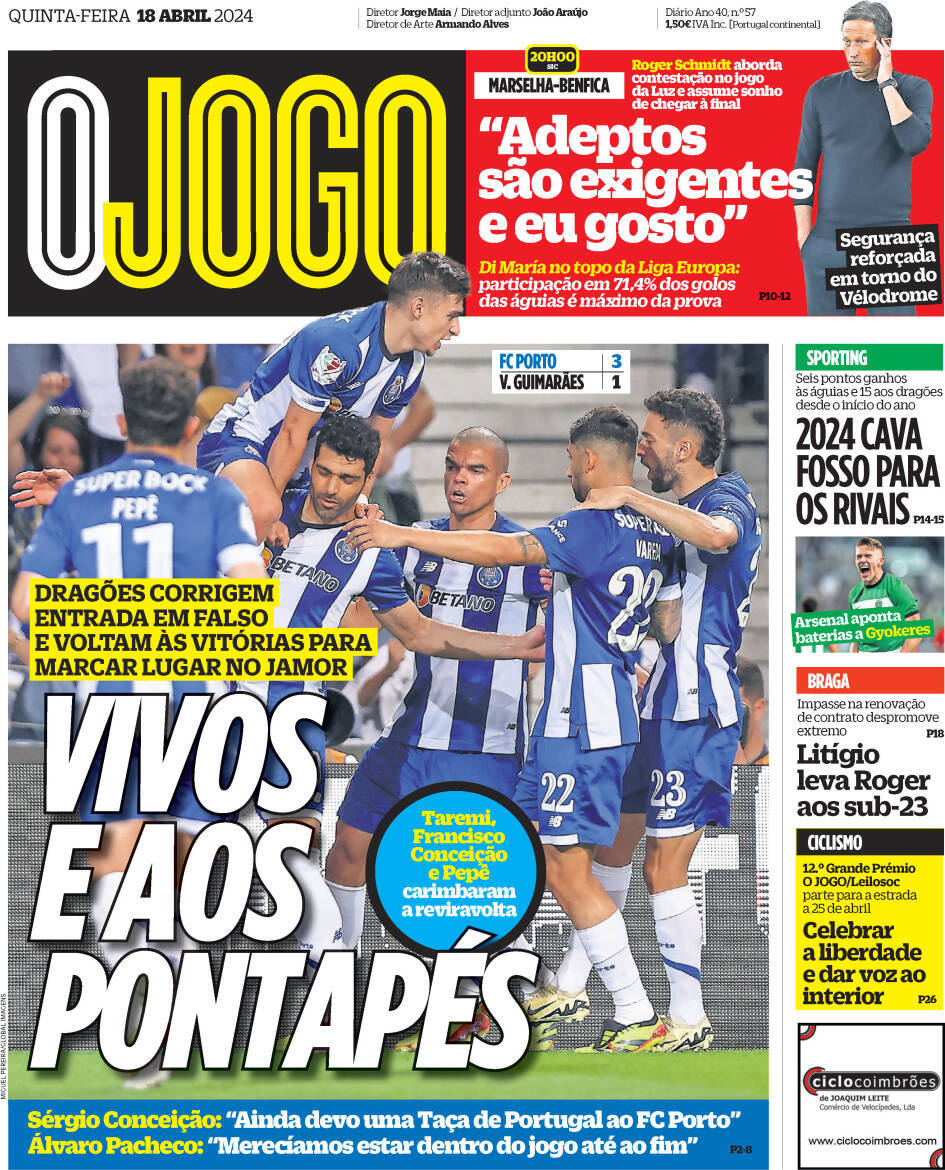 O Jogo: Capa da Edi&ccedil;&atilde;o de quinta-feira, 18 de abril 2024