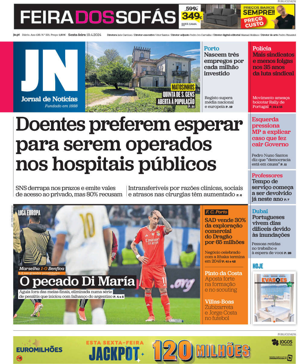 Jornal de Not&iacute;cias: Capa da Edi&ccedil;&atilde;o de sexta-feira, 19 de abril 2024