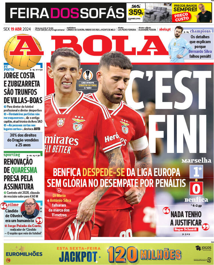 A Bola: Capa da Edi&ccedil;&atilde;o de sexta-feira, 19 de abril 2024