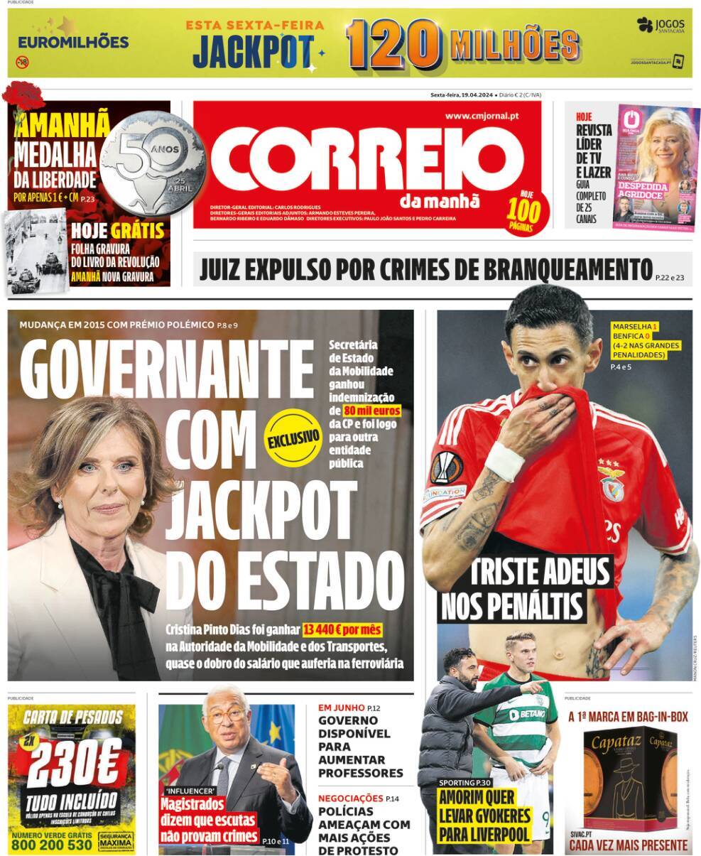Correio da Manh&atilde;: Capa da Edi&ccedil;&atilde;o de sexta-feira, 19 de abril 2024
