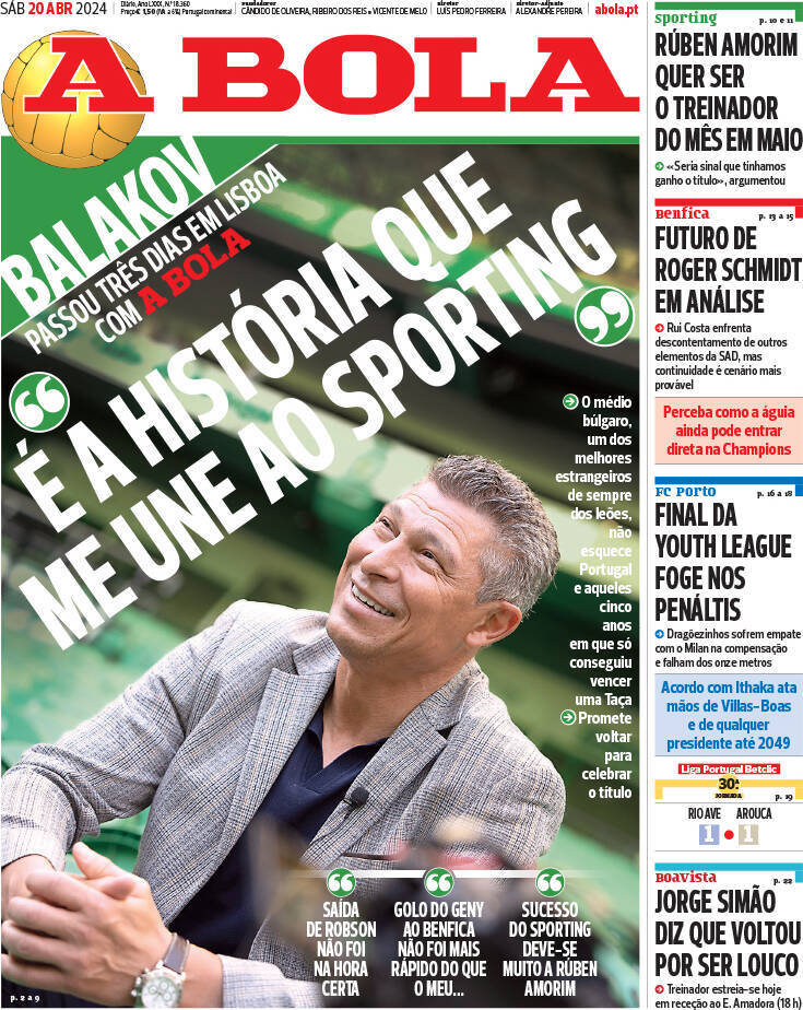 A Bola: Capa da Edi&ccedil;&atilde;o de s&aacute;bado, 20 de abril 2024