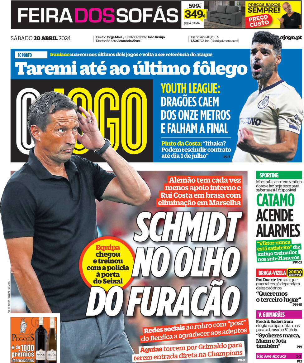 O Jogo: Capa da Edi&ccedil;&atilde;o de s&aacute;bado, 20 de abril 2024