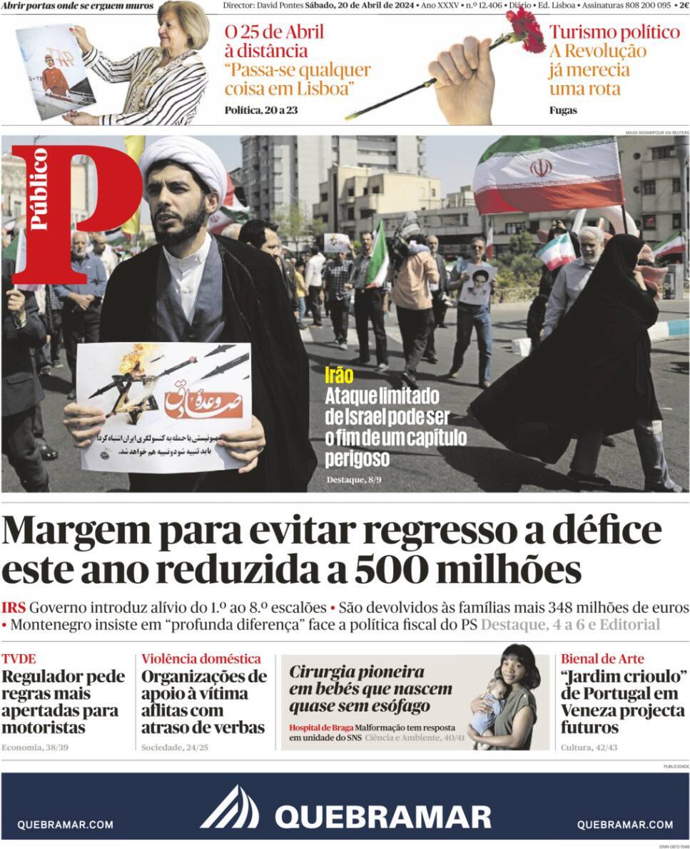 P&uacute;blico: Capa da Edi&ccedil;&atilde;o de s&aacute;bado, 20 de abril 2024