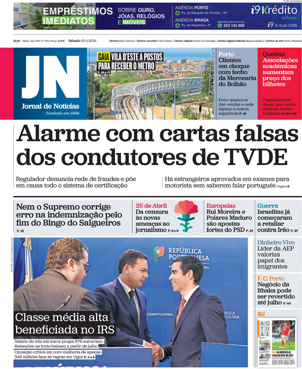 Jornal de Not&iacute;cias: Capa da Edi&ccedil;&atilde;o de s&aacute;bado, 20 de abril 2024