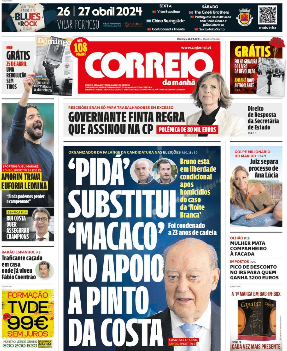 Correio da Manh&atilde;: Capa da Edi&ccedil;&atilde;o de domingo, 21 de abril 2024