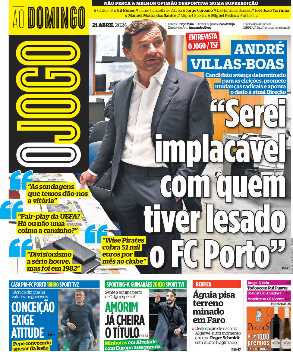 O Jogo: Capa da Edi&ccedil;&atilde;o de domingo, 21 de abril 2024