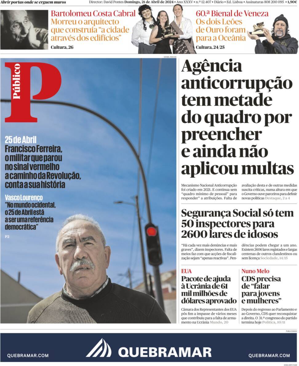 P&uacute;blico: Capa da Edi&ccedil;&atilde;o de domingo, 21 de abril 2024