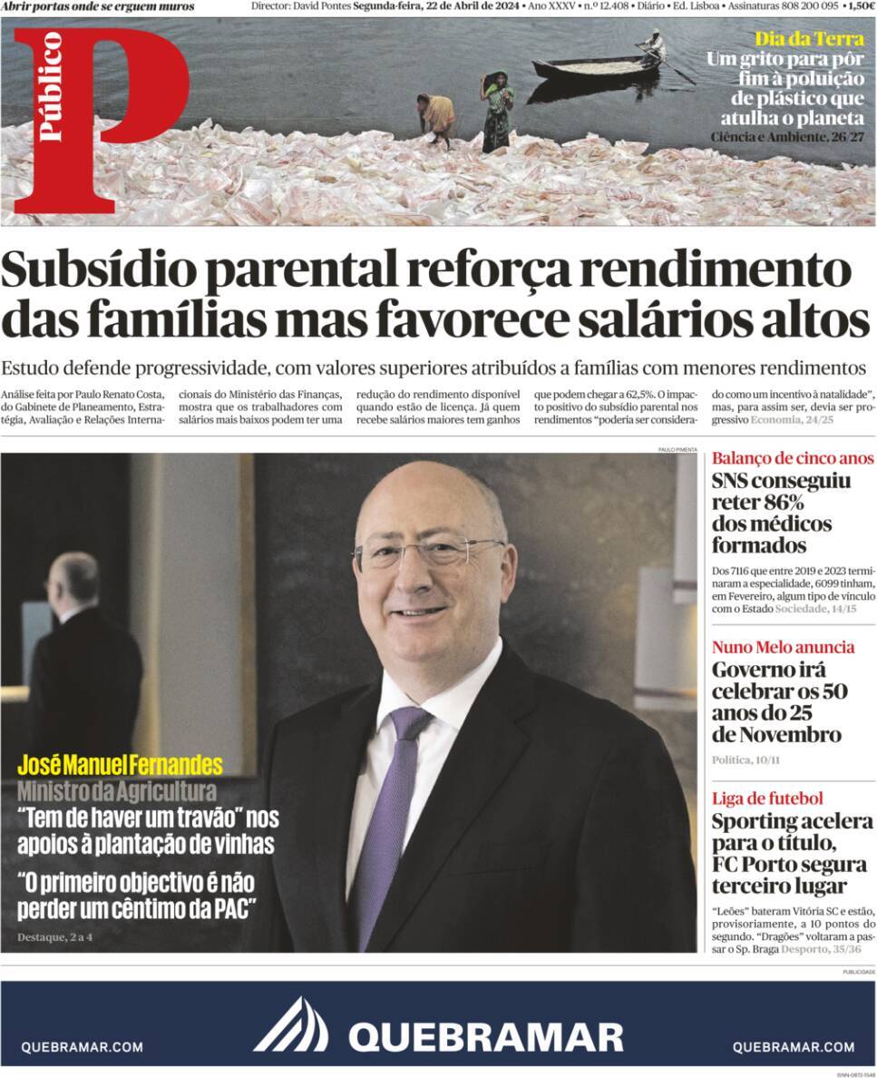 P&uacute;blico: Capa da Edi&ccedil;&atilde;o de segunda-feira, 22 de abril 2024