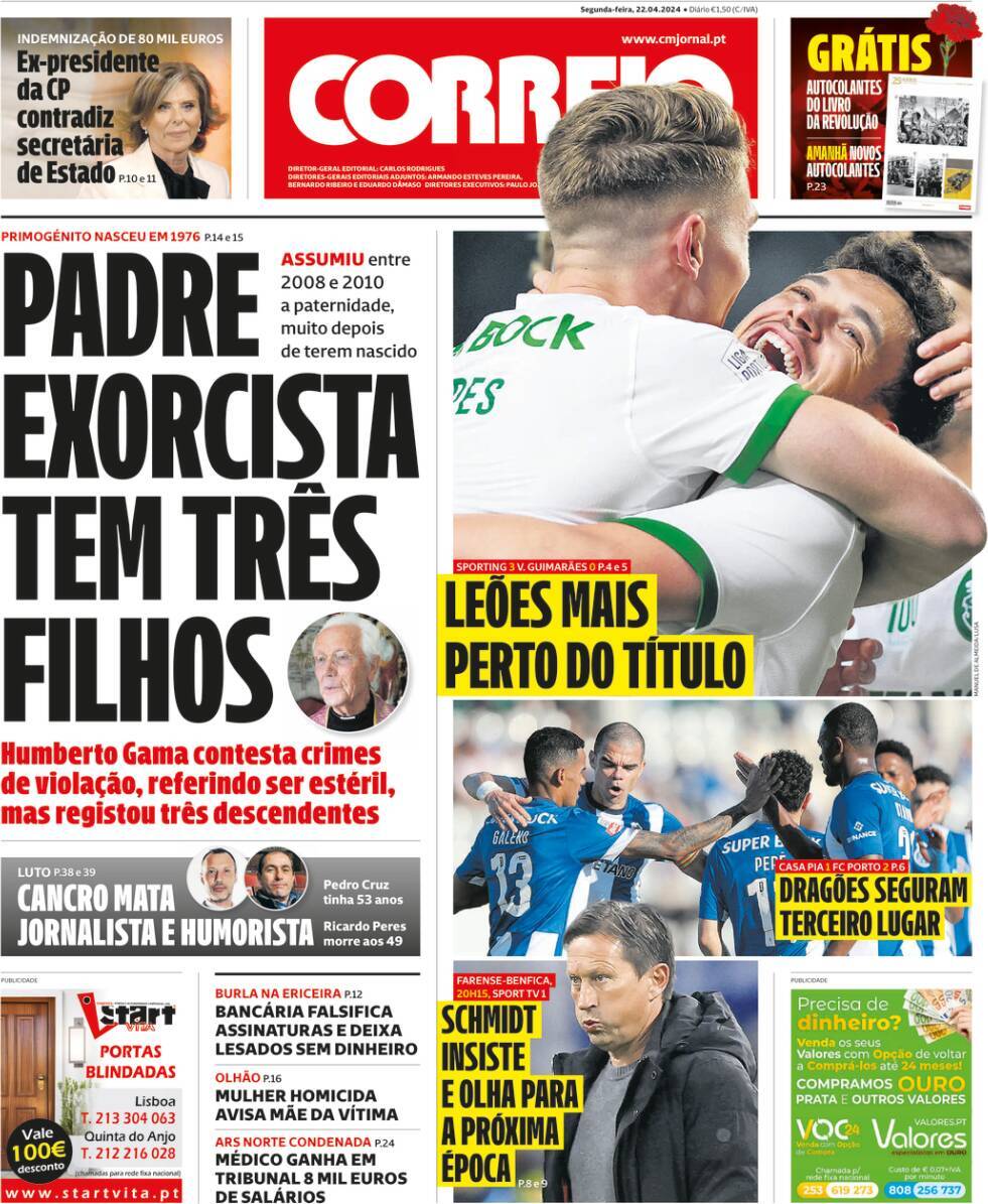Correio da Manh&atilde;: Capa da Edi&ccedil;&atilde;o de segunda-feira, 22 de abril 2024