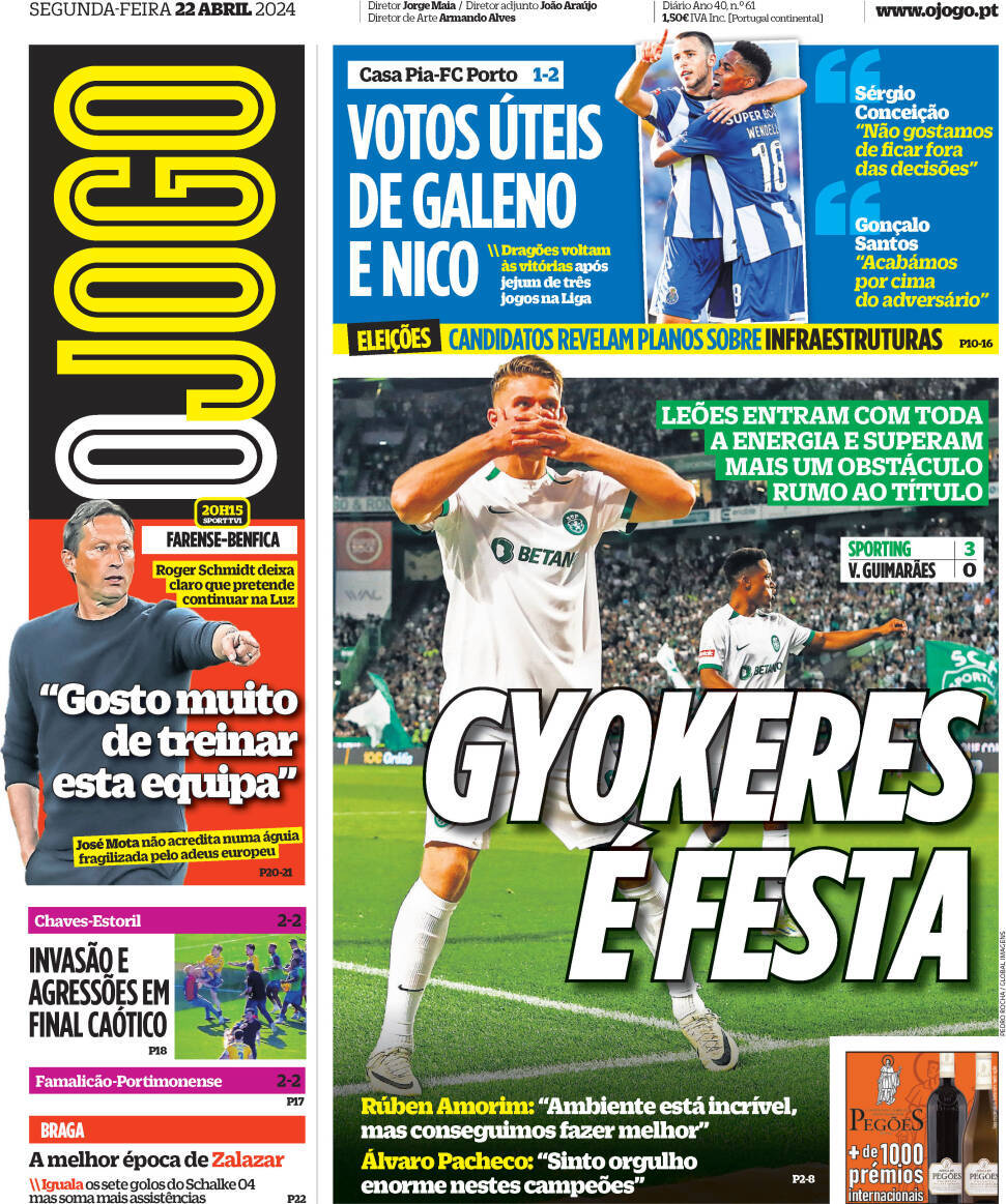 O Jogo: Capa da Edi&ccedil;&atilde;o de segunda-feira, 22 de abril 2024
