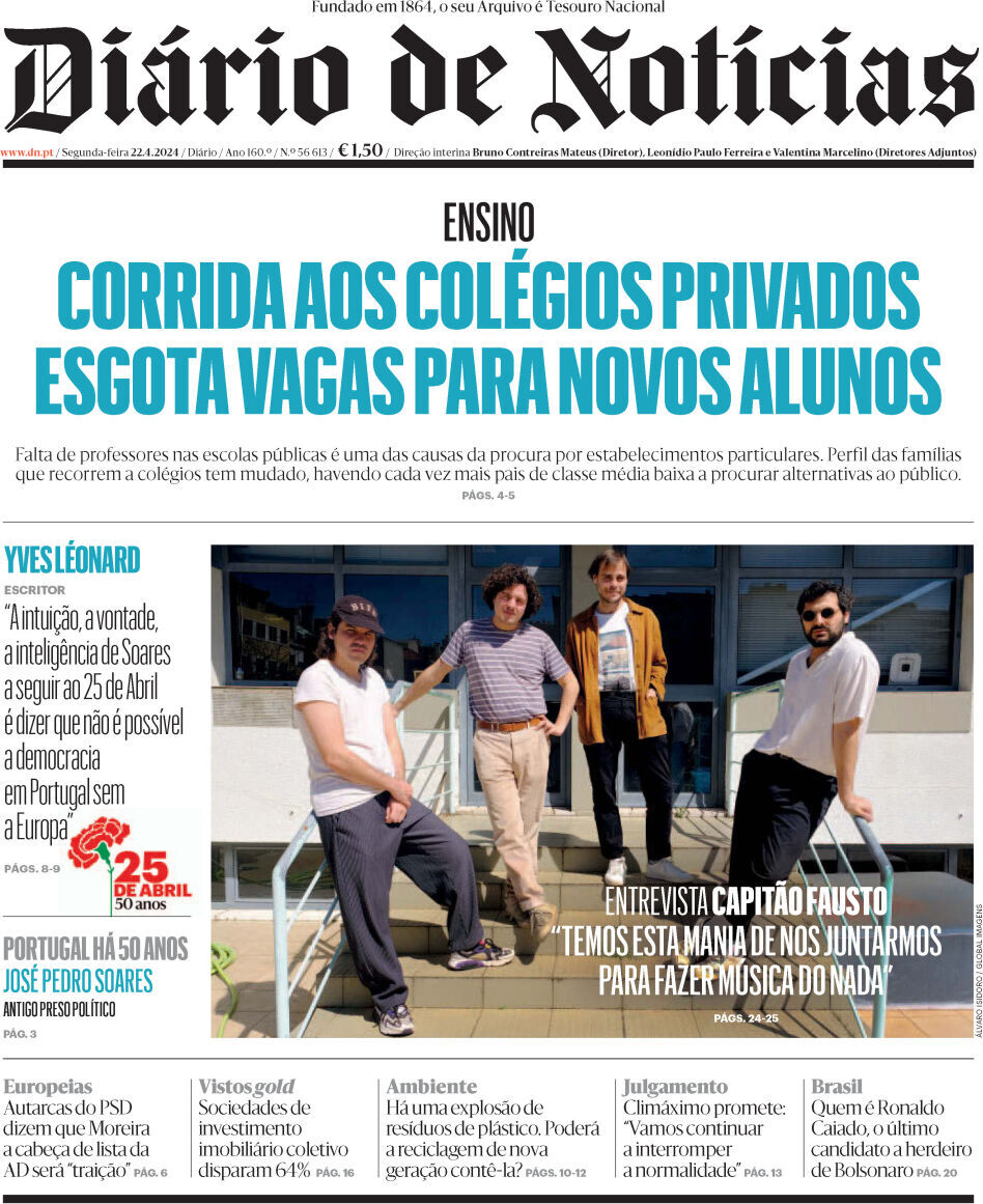 Di&aacute;rio de Not&iacute;cias: Capa da Edi&ccedil;&atilde;o de segunda-feira, 22 de abril 2024