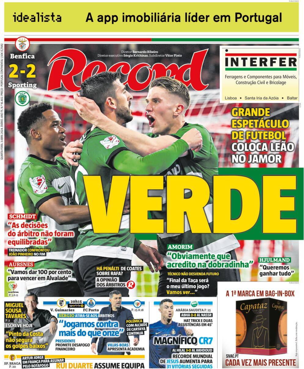 Record: Capa da Edi&ccedil;&atilde;o de quarta-feira, 03 de abril 2024