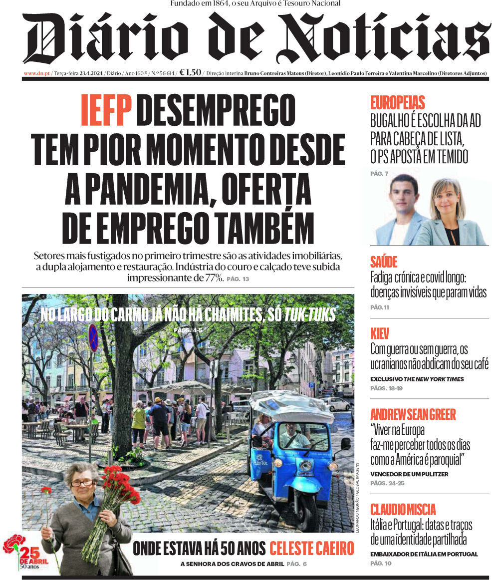 Di&aacute;rio de Not&iacute;cias: Capa da Edi&ccedil;&atilde;o de ter&ccedil;a-feira, 23 de abril 2024