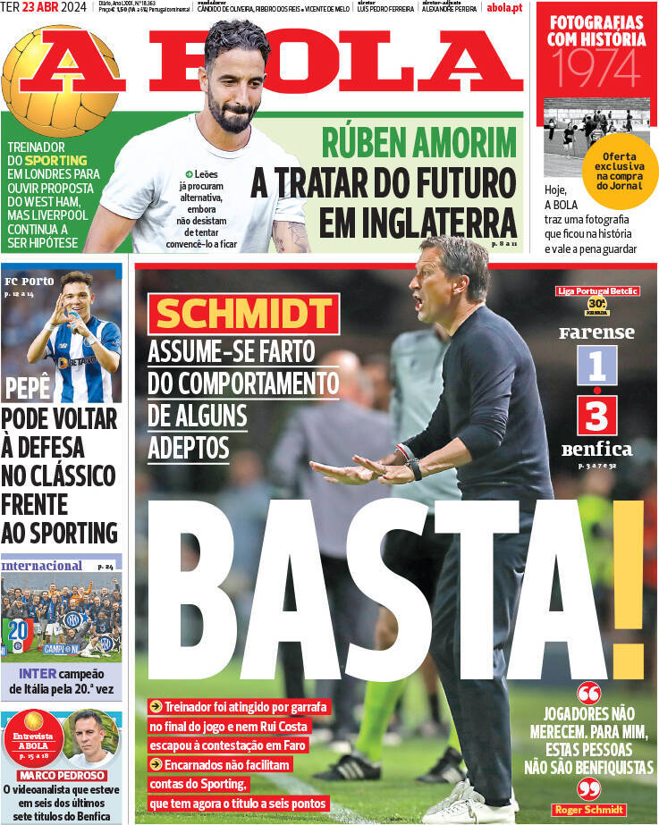 A Bola: Capa da Edi&ccedil;&atilde;o de ter&ccedil;a-feira, 23 de abril 2024