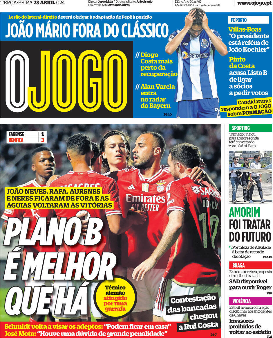O Jogo: Capa da Edi&ccedil;&atilde;o de ter&ccedil;a-feira, 23 de abril 2024
