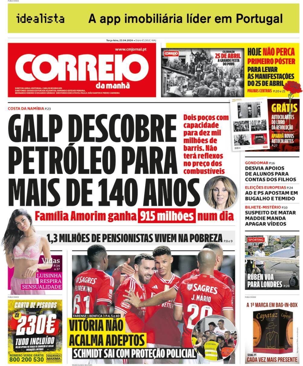 Correio da Manh&atilde;: Capa da Edi&ccedil;&atilde;o de ter&ccedil;a-feira, 23 de abril 2024