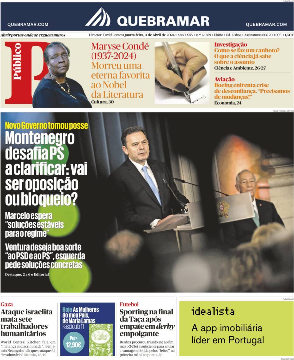 P&uacute;blico: Capa da Edi&ccedil;&atilde;o de quarta-feira, 03 de abril 2024