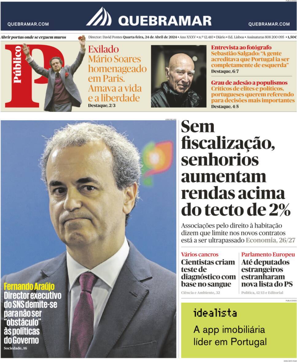 P&uacute;blico: Capa da Edi&ccedil;&atilde;o de quarta-feira, 24 de abril 2024