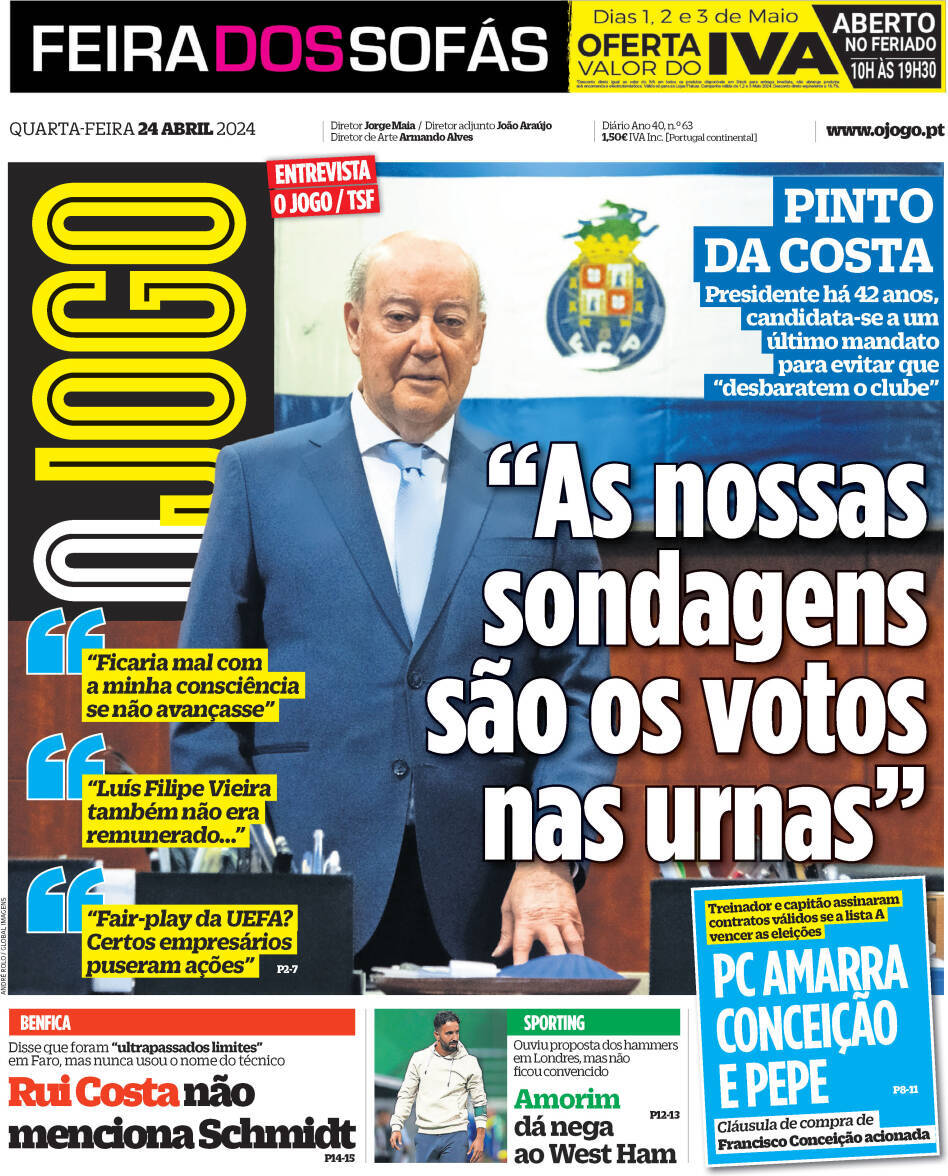 O Jogo: Capa da Edi&ccedil;&atilde;o de quarta-feira, 24 de abril 2024