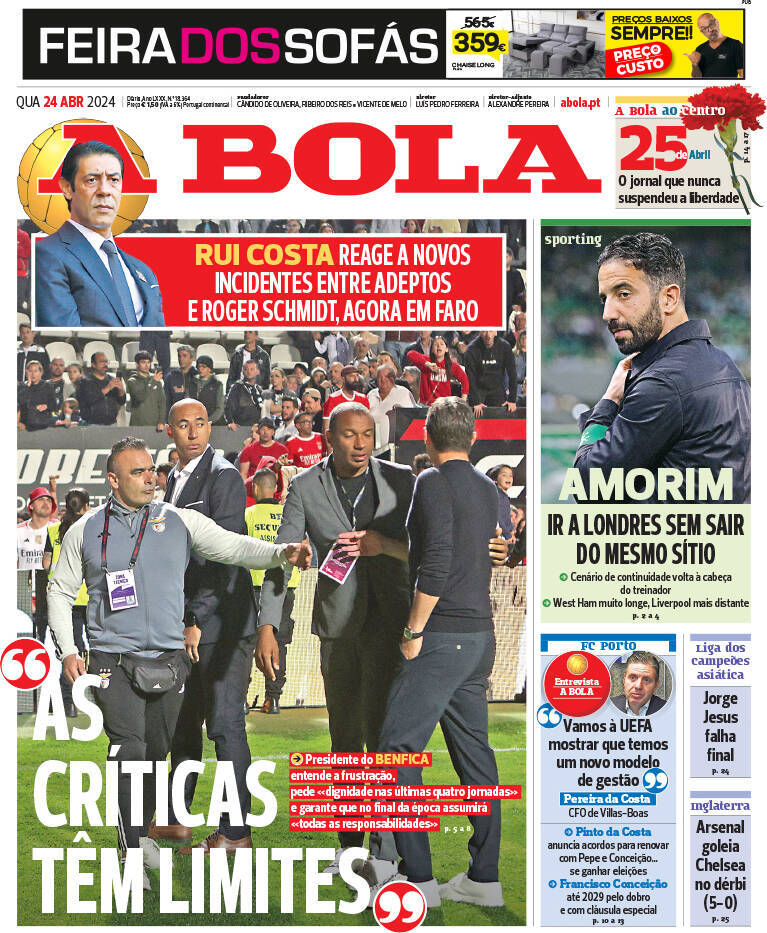 A Bola: Capa da Edi&ccedil;&atilde;o de quarta-feira, 24 de abril 2024