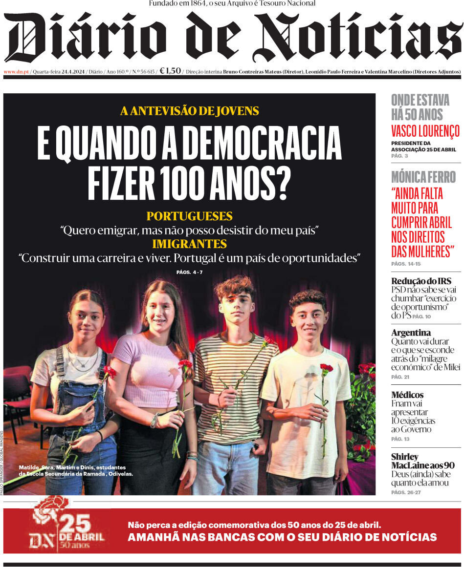 Di&aacute;rio de Not&iacute;cias: Capa da Edi&ccedil;&atilde;o de quarta-feira, 24 de abril 2024