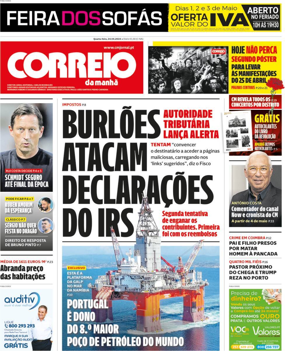 Correio da Manh&atilde;: Capa da Edi&ccedil;&atilde;o de quarta-feira, 24 de abril 2024